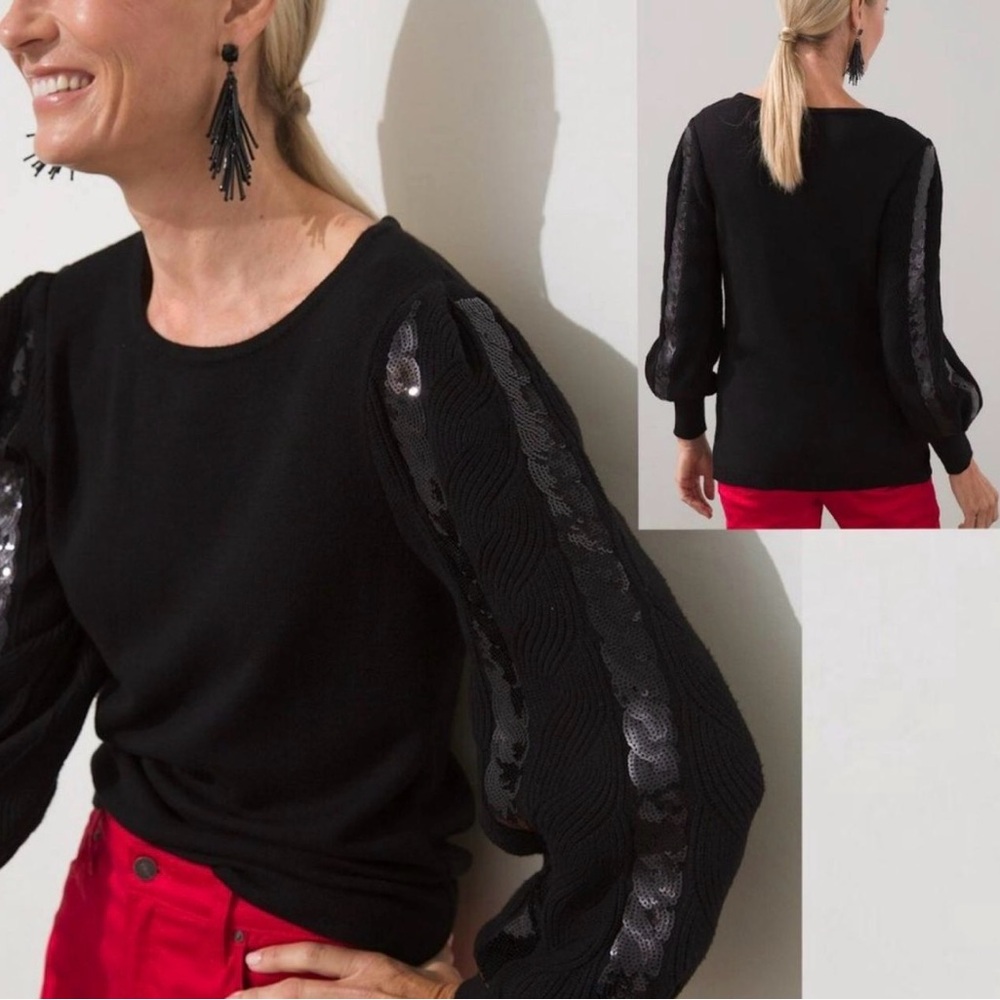 Chicoâs Black Sweater With Oversized Sequined Long Sleeves Glamorous Chic Nwt 3